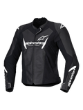Alpinestars Stella Faster V3 Lederjacke, Damen-Motorrad-Rennjacke, Schwarz und Weiß, mit weißem Alpinestars-Branding auf Brust und Ärmeln, hochwertige Lederkonstruktion mit verstärkten Schultern, aerodynamisches Sportdesign