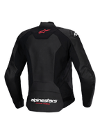 Alpinestars Stella Faster V3 Lederjacke, Sport-Motorradjacke für Damen, Schwarz, Rückansicht mit rotem Stern-Logo auf dem oberen Rücken und weißem Alpinestars-Branding mit „Racing Ahead“-Schriftzug in Fluo Coral auf dem unteren Rücken, konturierte Damenpassform mit hochwertigem Leder und Stretcheinsätzen
