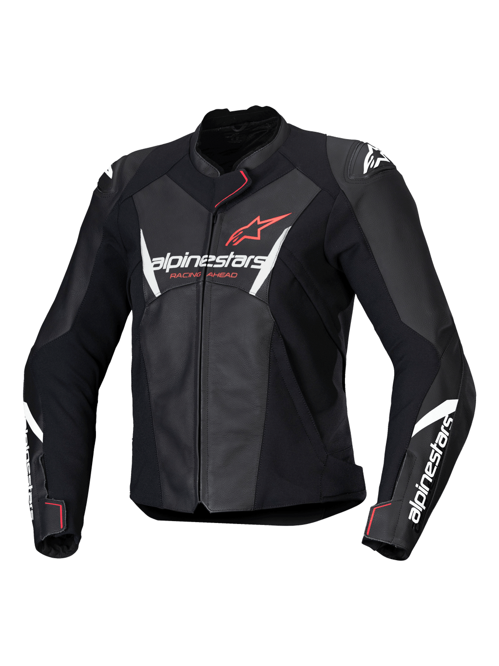 Alpinestars Stella Faster V3 Lederjacke, Damen-Motorradjacke, Schwarz mit weißen und Fluo Coral Akzenten, hochwertige Lederkonstruktion, Alpinestars-Branding auf Brust und Ärmeln, sportliche Racing-Passform mit integriertem Schulterschutz und Frontreißverschluss.