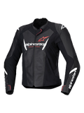 Alpinestars Stella Faster V3 Lederjacke, Damen-Motorradjacke, Schwarz mit weißen und Fluo Coral Akzenten, hochwertige Lederkonstruktion, Alpinestars-Branding auf Brust und Ärmeln, sportliche Racing-Passform mit integriertem Schulterschutz und Frontreißverschluss.