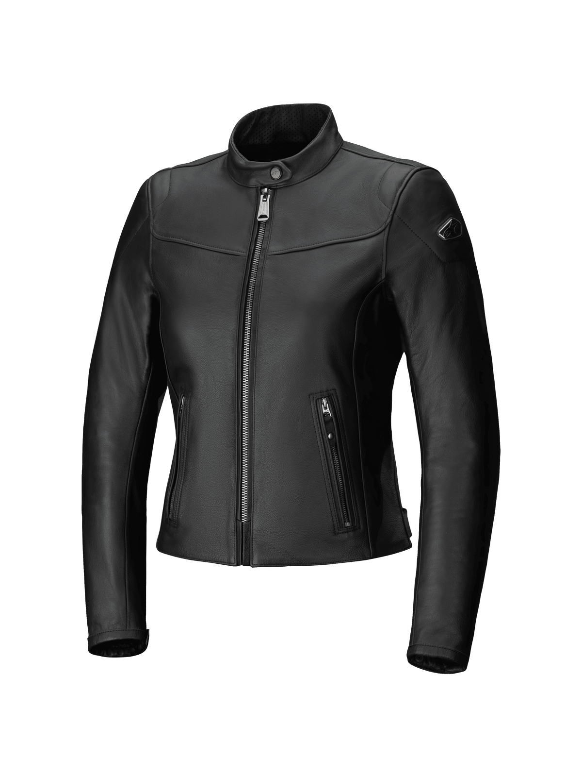 Alpinestars Tory Damen-Lederjacke, urbane Motorradjacke, Schwarz, taillierte Passform mit metallischem Gunmetal-Frontreißverschluss, vertikale Seitentaschen mit Reißverschluss, perforierter Lederkragen, glattes Rindsleder-Finish