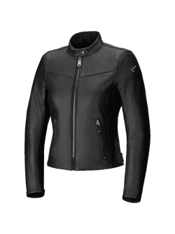 Alpinestars Tory, blouson de moto urbain en cuir pour femme, noir, coupe ajustée avec fermeture éclair avant métallique couleur canon de fusil, poches latérales zippées verticales et col en cuir perforé, finition en cuir de bovin lisse