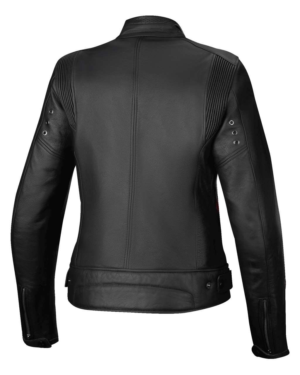 Alpinestars Stella Dyno Leather Jacket, women's urban motorcycle jacket, rear view, Black with red accents, premium bovine leather construction