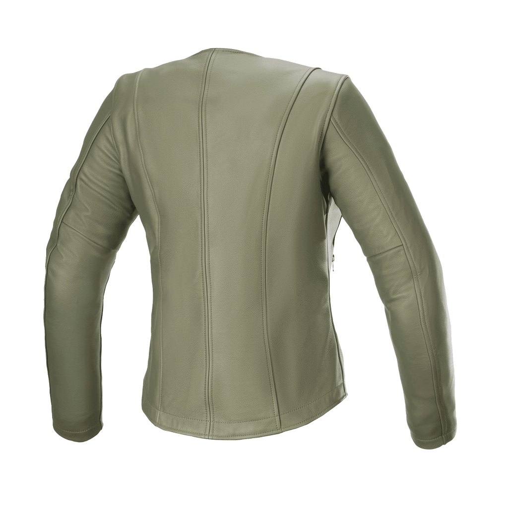 Alpinestars Alice Damen-Lederjacke, Military Green, Rückansicht, Premium-Leder-Motorradjacke mit eleganten konturierten vertikalen Nähten und vorgekrümmten Ärmeln für eine urbane Damenpassform