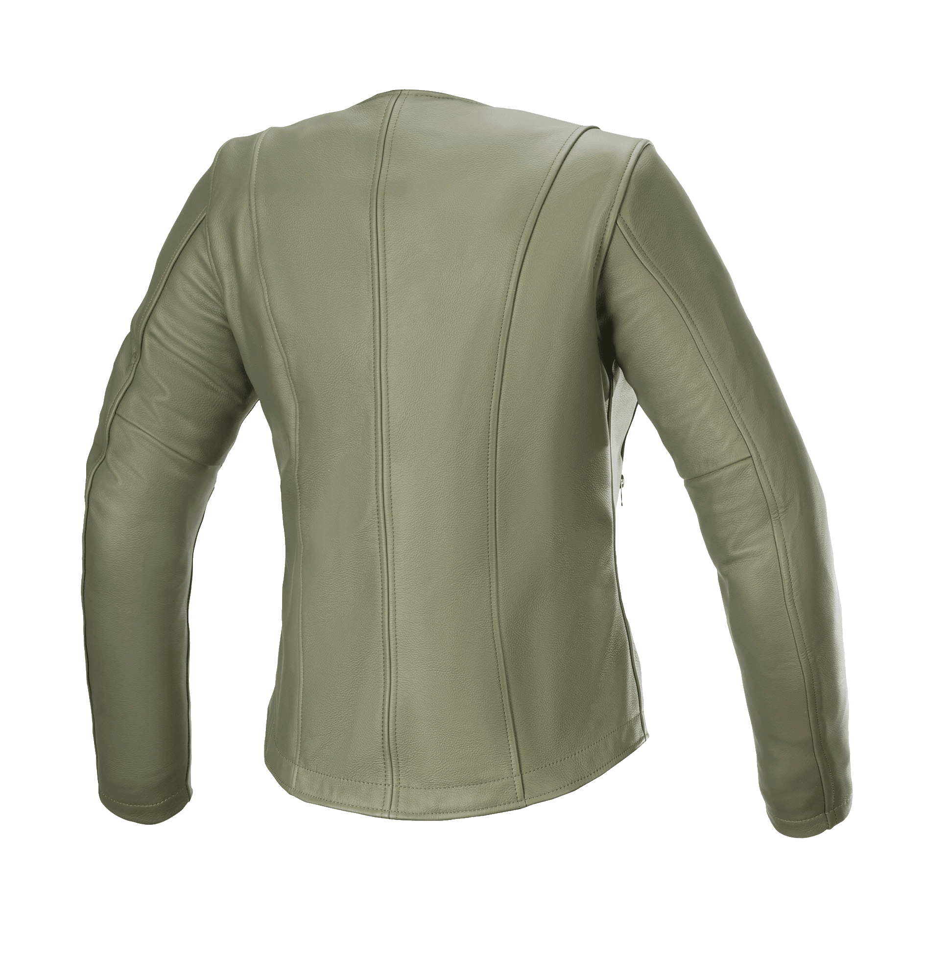 Alpinestars Alice Damen-Lederjacke, Military Green, Rückansicht, Premium-Leder-Motorradjacke mit eleganten konturierten vertikalen Nähten und vorgekrümmten Ärmeln für eine urbane Damenpassform