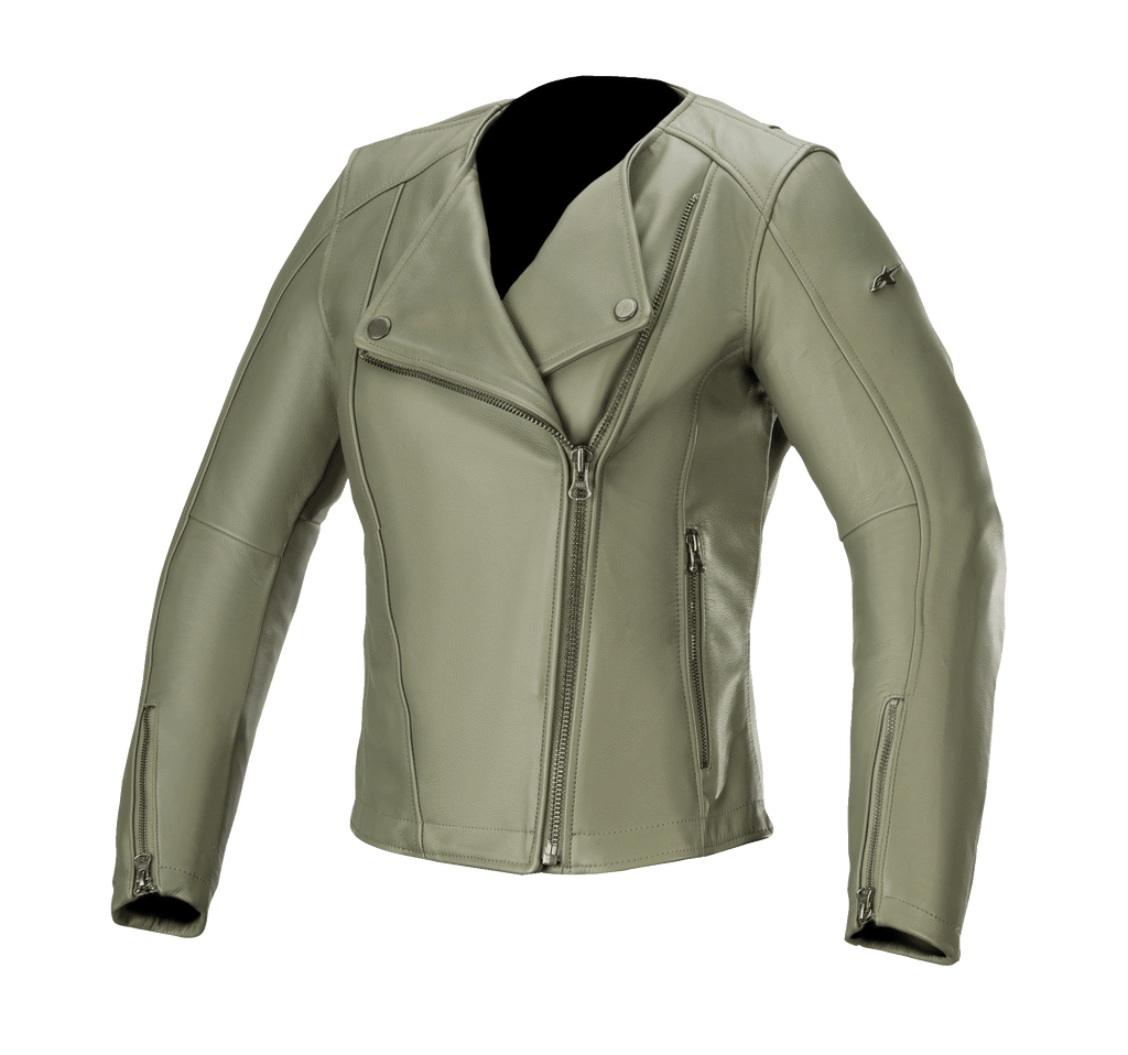 Alpinestars Alice Damen-Lederjacke, Military Green, Leder-Motorradjacke mit asymmetrischem Frontreißverschluss, Kragen mit Druckknöpfen, Ärmelbündchen mit Reißverschluss, Konstruktion aus hochwertigem Rindsleder, feminine Passform für urbanes Fahren