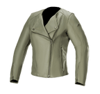 Alpinestars Alice Damen-Lederjacke, Military Green, Leder-Motorradjacke mit asymmetrischem Frontreißverschluss, Kragen mit Druckknöpfen, Ärmelbündchen mit Reißverschluss, Konstruktion aus hochwertigem Rindsleder, feminine Passform für urbanes Fahren