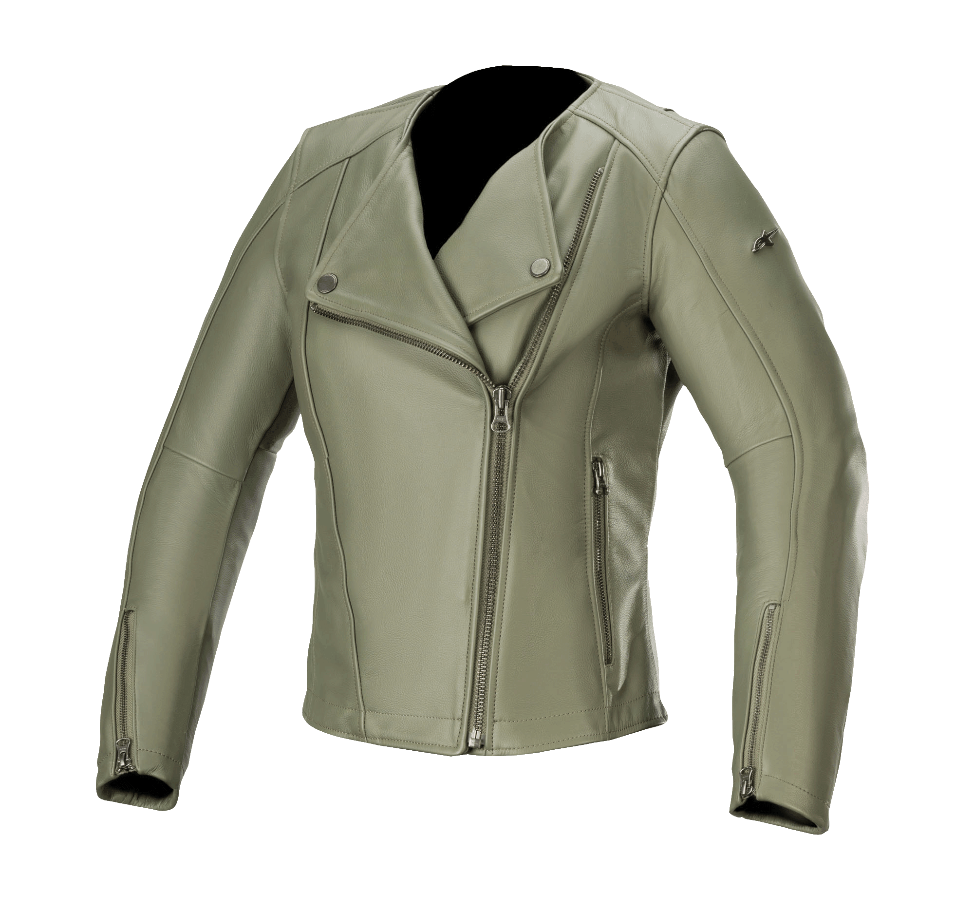 Alpinestars Alice dames leren jas, Military Green, leren motorjas met asymmetrische ritssluiting aan de voorzijde, kraag met drukknopen, manchetten met ritssluiting, hoogwaardige runderleren constructie, getailleerde vrouwelijke pasvorm voor stedelijk rijden