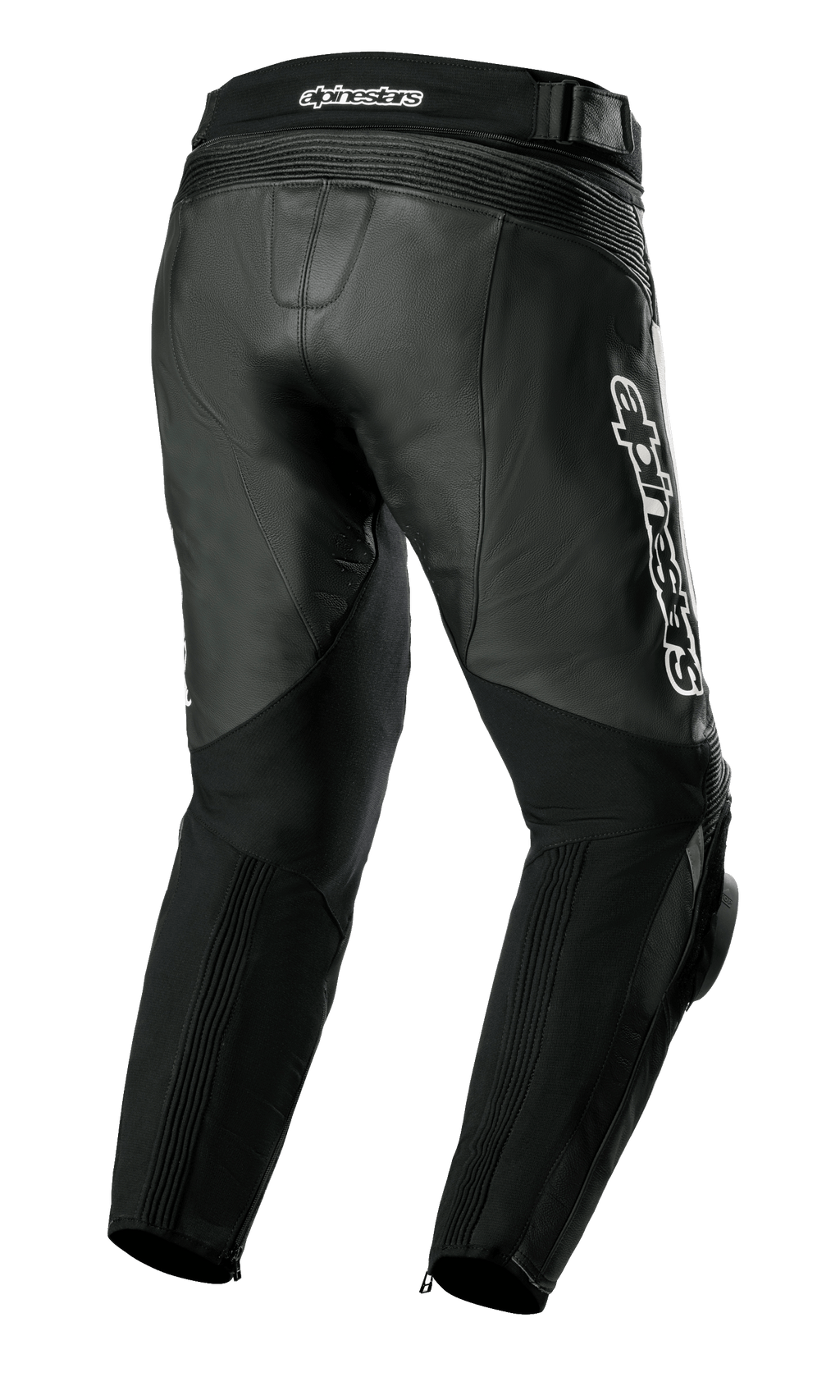 Alpinestars Missile V3 Leather Pants, Motorcycle Pants, Black, rear three-quarter view featuring premium leather construction, accordion stretch panels above the knees and waist, high rear waist, and prominent white Alpinestars branding on the side.