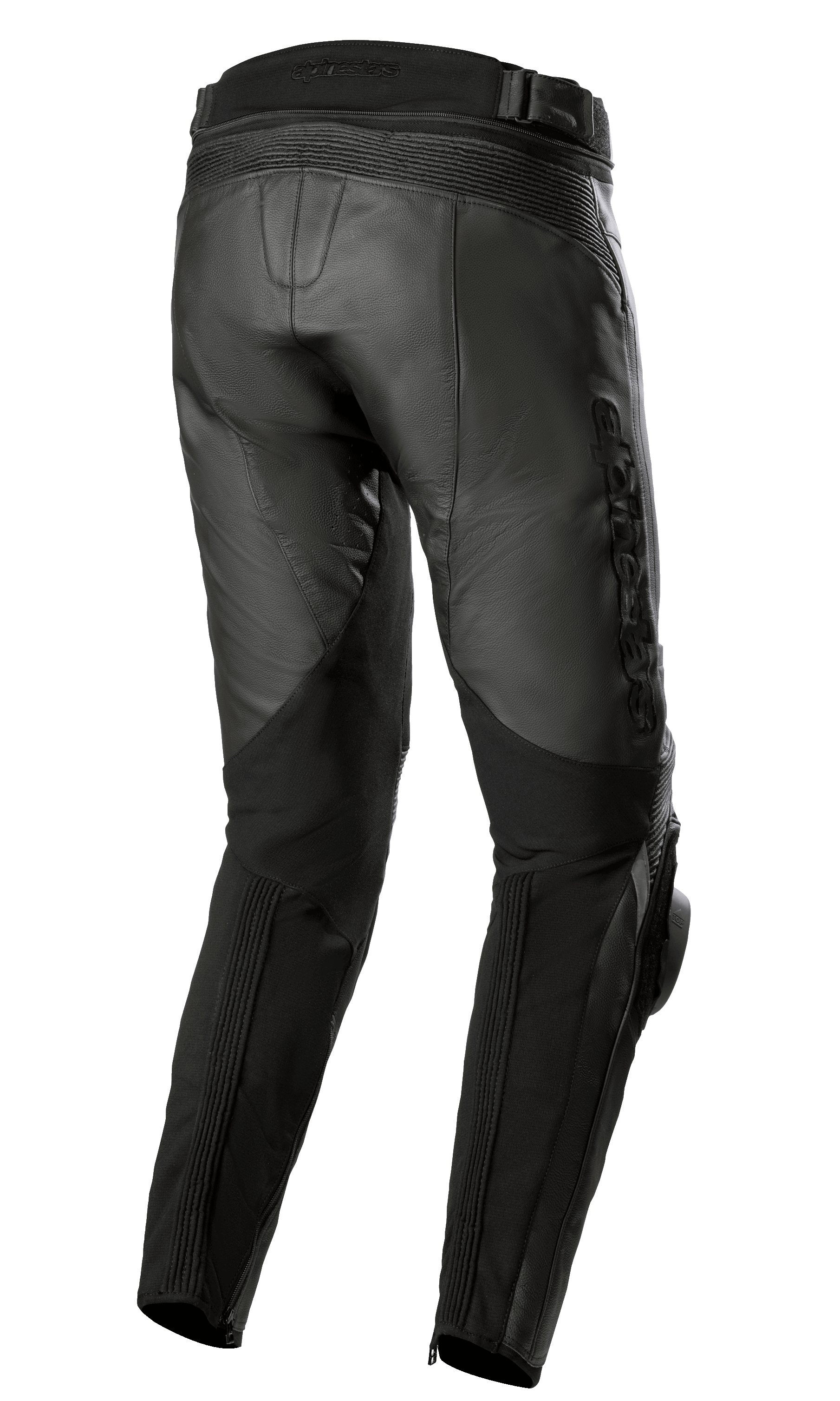 Alpinestars Missile V3 Leren Broek, zwart, achteraanzicht, met accordeon lederen stretchzones bij de taille en achter de knieën, Alpinestars-branding in reliëf en een duurzame lederen constructie voor wegraces