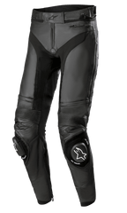 Alpinestars Missile V3 leren broek, zwarte leren motorbroek, voorzien van een voorgevormd beenontwerp, accordeon stretchpanelen boven de knie en vervangbare sport knieschuivers met Alpinestars-logo, premium leren constructie voor raceprestaties