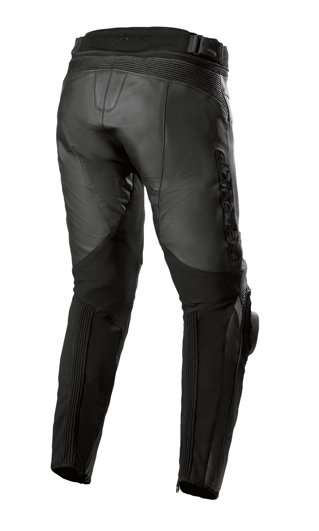 Alpinestars Missile V3 Leather Pants - Short, noir, vue arrière montrant la construction de la taille haute, les zones d'extension en cuir accordéon au-dessus du genou et les panneaux extensibles sur le mollet pour une mobilité accrue, équipement de moto en cuir de bovin premium pour la course sur route.