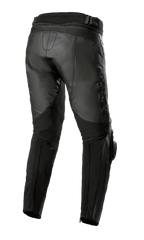 Alpinestars Missile V3 Leather Pants - Short, noir, vue arrière montrant la construction de la taille haute, les zones d'extension en cuir accordéon au-dessus du genou et les panneaux extensibles sur le mollet pour une mobilité accrue, équipement de moto en cuir de bovin premium pour la course sur route.