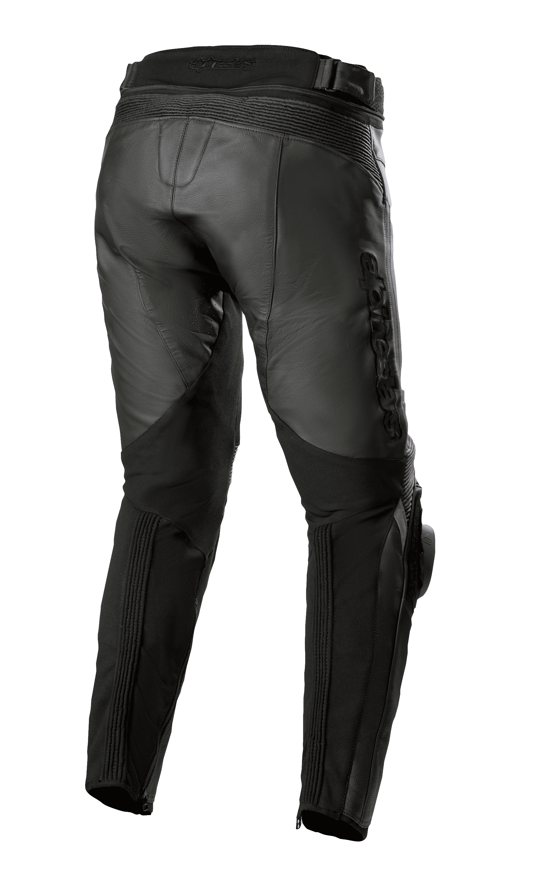 Alpinestars Missile V3 Leather Pants - Short, noir, vue arrière montrant la construction de la taille haute, les zones d'extension en cuir accordéon au-dessus du genou et les panneaux extensibles sur le mollet pour une mobilité accrue, équipement de moto en cuir de bovin premium pour la course sur route.