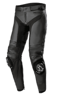 Alpinestars Missile V3 Leather Pants - Short, pantalon de course moto en cuir noir, construction premium avec panneaux extensibles en accordéon, genoux renforcés avec sliders à logo blanc, fermetures éclair à la taille et aux chevilles, design ergonomique