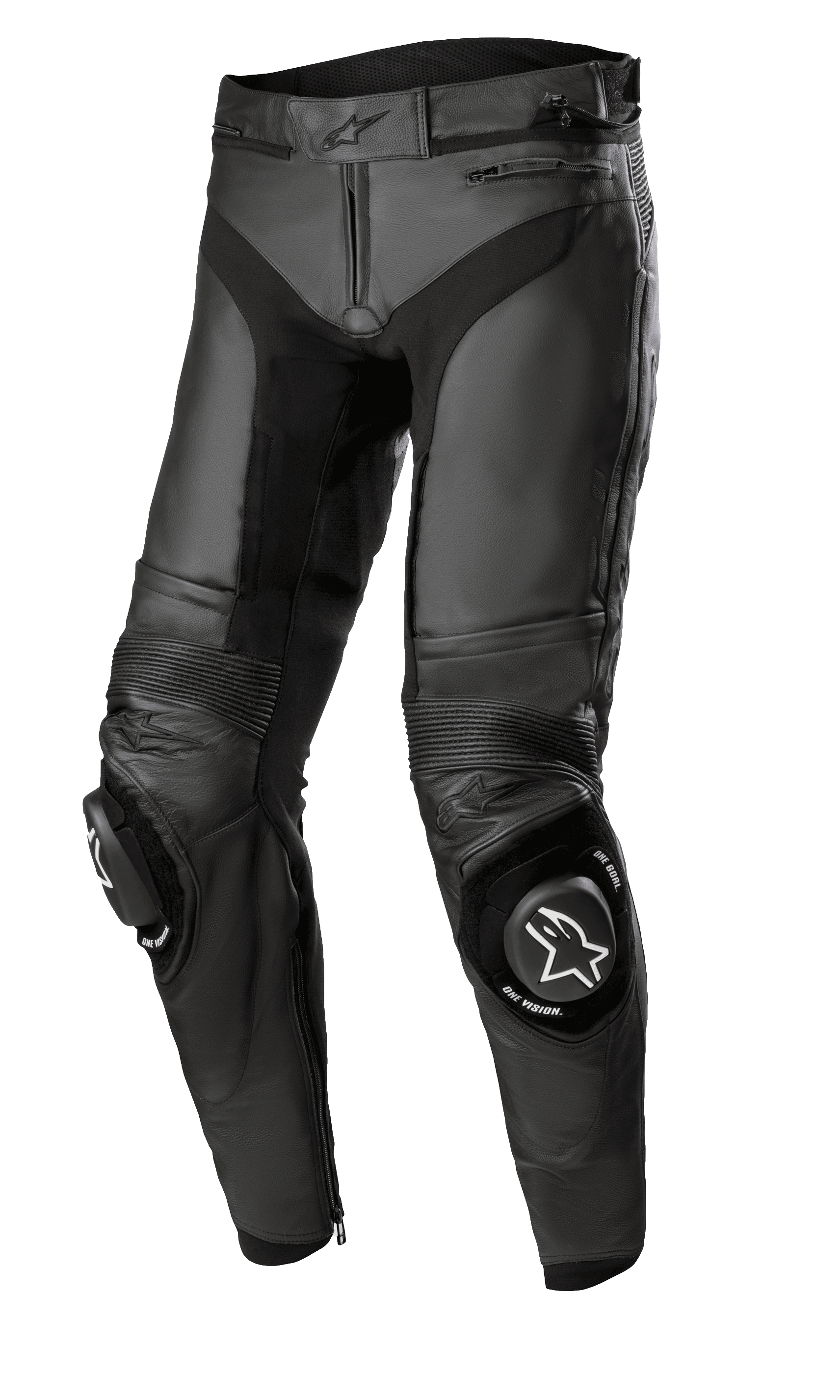 Alpinestars Missile V3 Leather Pants - Short, pantalon de course moto en cuir noir, construction premium avec panneaux extensibles en accordéon, genoux renforcés avec sliders à logo blanc, fermetures éclair à la taille et aux chevilles, design ergonomique