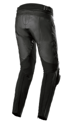 Pantalon en cuir Alpinestars Missile V3 - Long, noir, vue arrière et latérale, doté d'une construction en cuir de bovin de qualité supérieure avec panneaux extensibles en accordéon au-dessus du genou, taille haute à l'arrière et logo Alpinestars gaufré sur la cuisse, équipement de moto de sport et de course