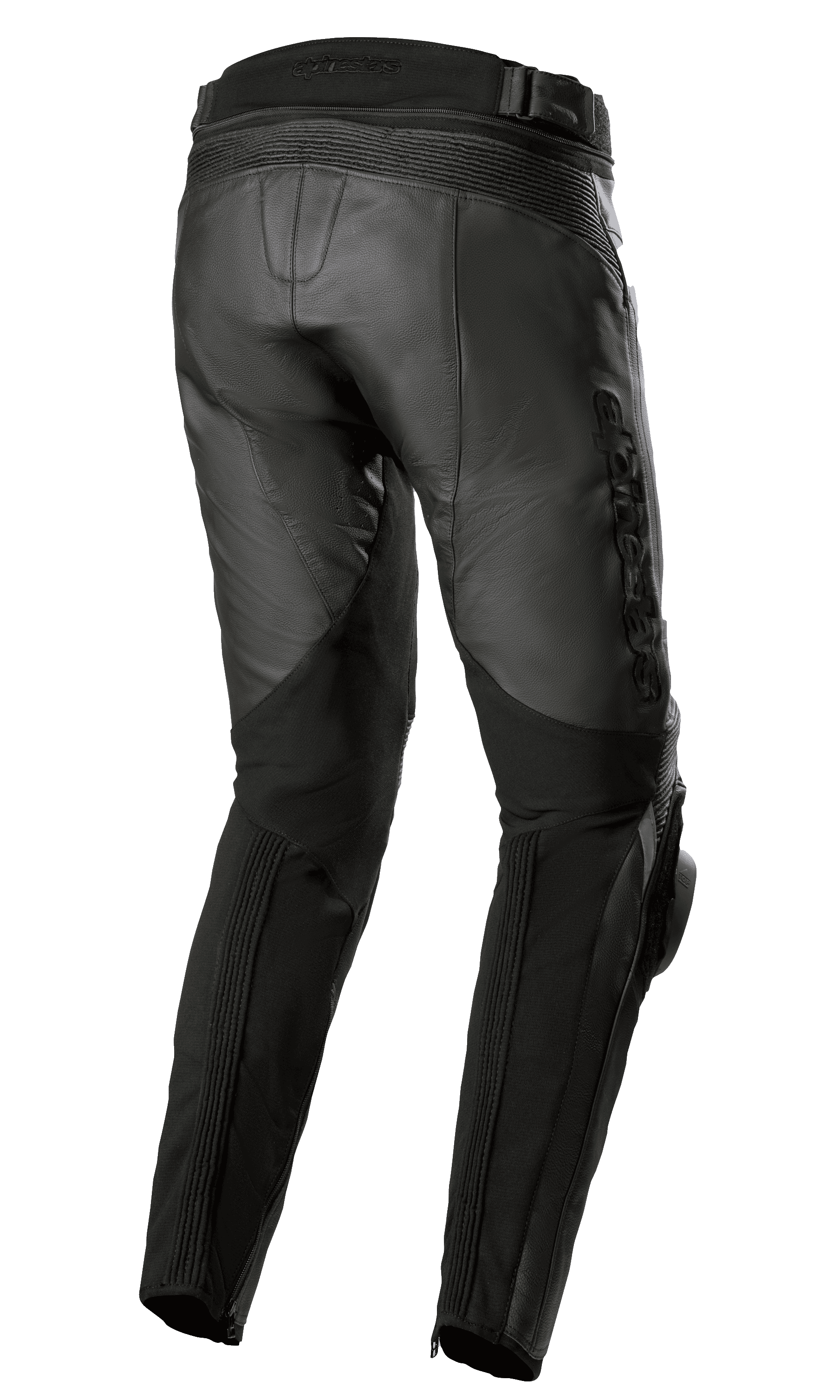 Pantalon en cuir Alpinestars Missile V3 - Long, noir, vue arrière et latérale, doté d'une construction en cuir de bovin de qualité supérieure avec panneaux extensibles en accordéon au-dessus du genou, taille haute à l'arrière et logo Alpinestars gaufré sur la cuisse, équipement de moto de sport et de course
