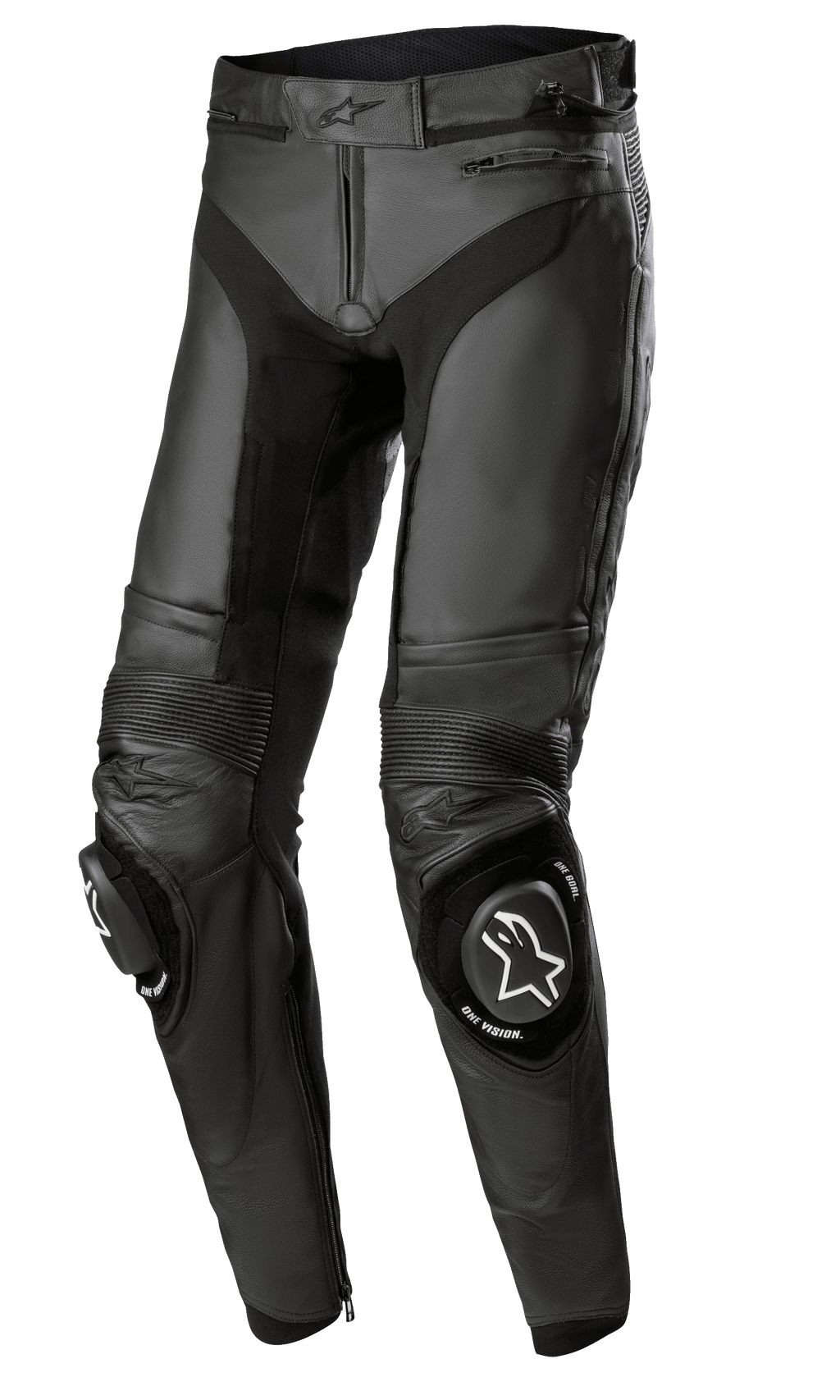 Alpinestars Missile V3 Leather Pants - Long, pantalon de course moto noir, avec panneaux extensibles en cuir accordéon aux genoux, sliders de genou remplaçables avec logos blancs, construction en cuir de première qualité et coupe ergonomique pré-courbée pour la performance sur piste
