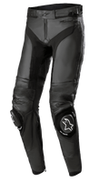 Alpinestars Missile V3 Leather Pants - Long, pantalon de course moto noir, avec panneaux extensibles en cuir accordéon aux genoux, sliders de genou remplaçables avec logos blancs, construction en cuir de première qualité et coupe ergonomique pré-courbée pour la performance sur piste