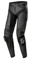 Alpinestars Missile V3 Leather Pants - Long, pantalon de course moto noir, avec panneaux extensibles en cuir accordéon aux genoux, sliders de genou remplaçables avec logos blancs, construction en cuir de première qualité et coupe ergonomique pré-courbée pour la performance sur piste