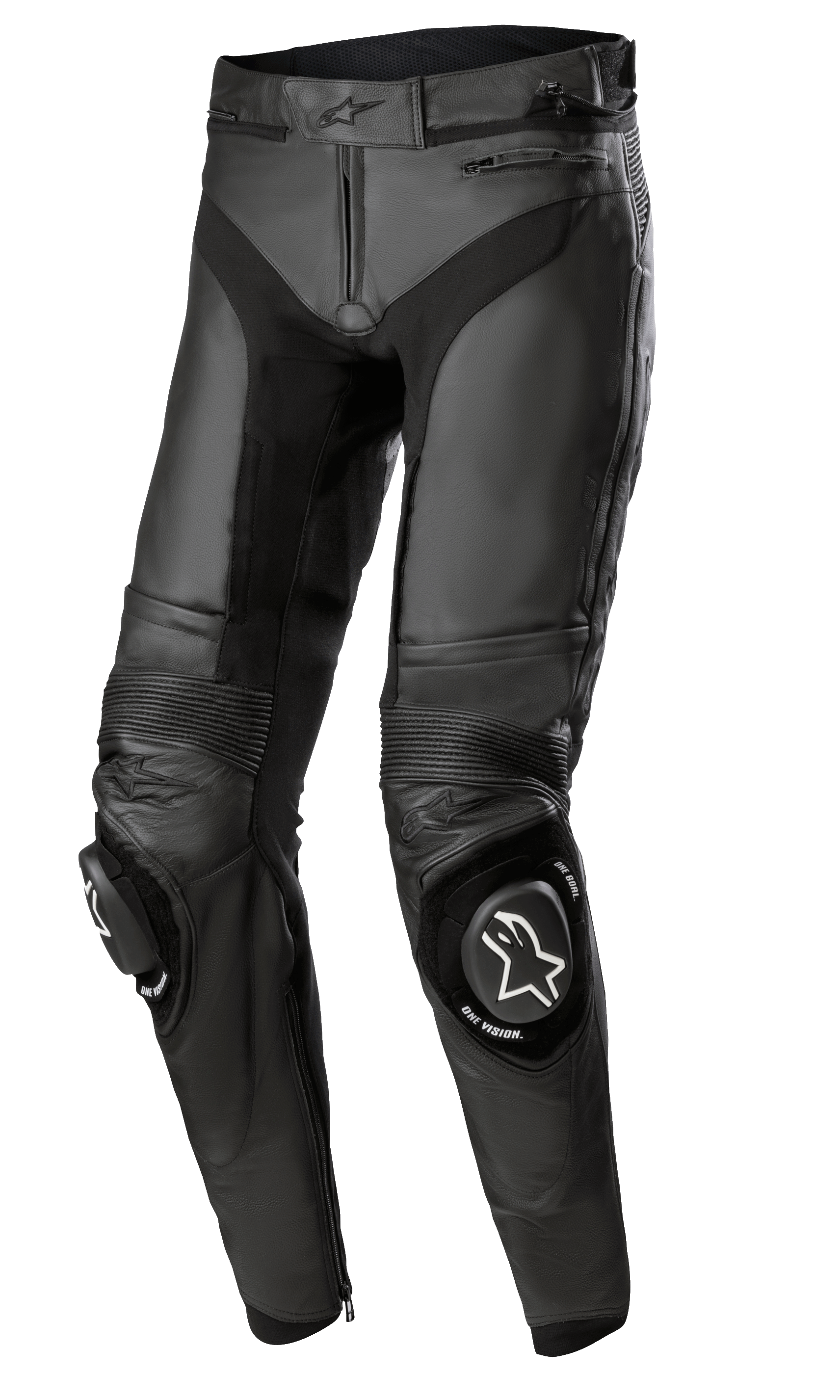 Alpinestars Missile V3 Leather Pants - Long, pantalon de course moto noir, avec panneaux extensibles en cuir accordéon aux genoux, sliders de genou remplaçables avec logos blancs, construction en cuir de première qualité et coupe ergonomique pré-courbée pour la performance sur piste