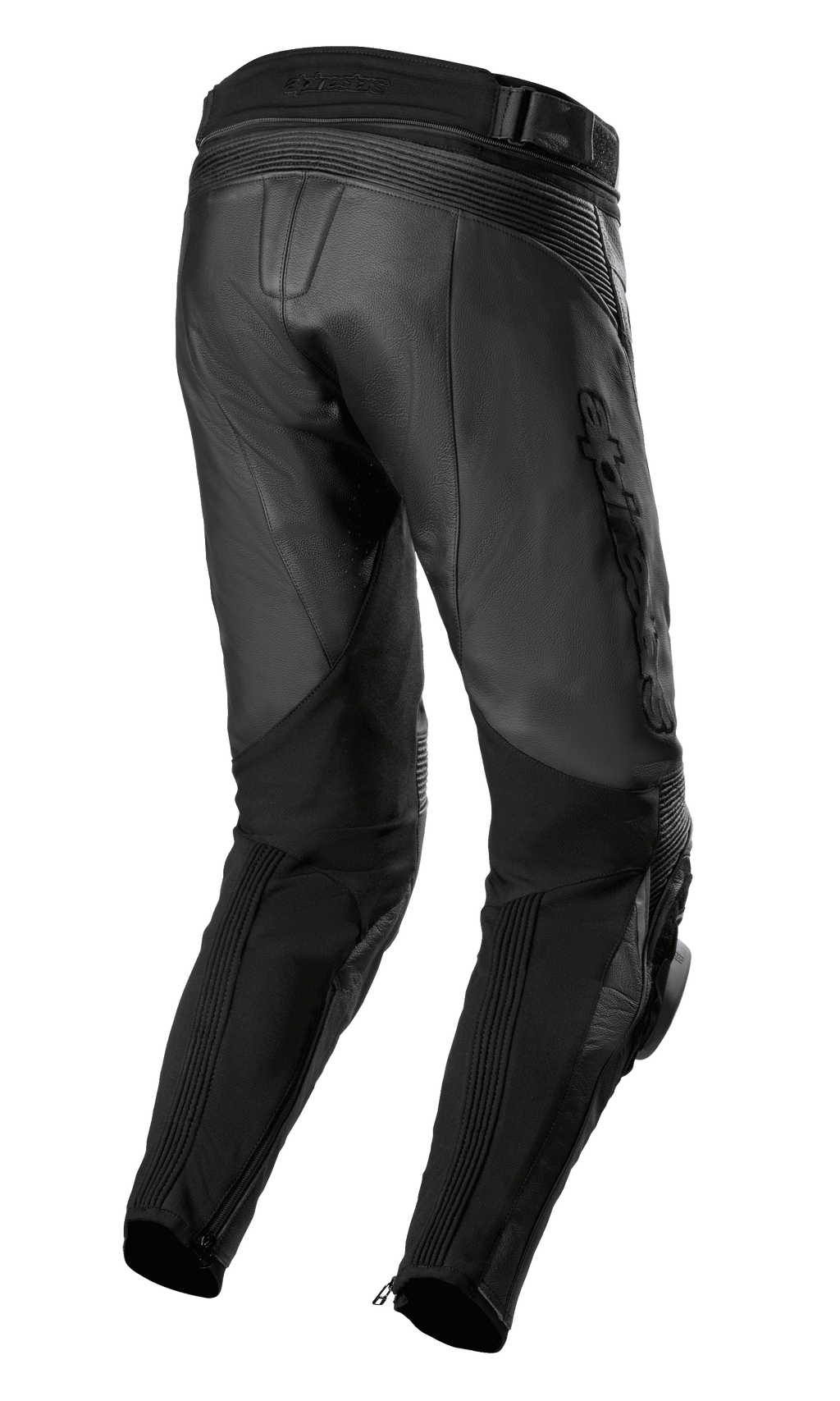 Alpinestars Missile V3 Airflow Leren Broek, zwart, achteraanzicht met premium lederen constructie, accordeon stretchzones boven de knie, hoge taille aan de achterzijde en flexibele stretchpanelen op de kuiten met enkelritsen.