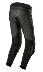Alpinestars Missile V3 Airflow Leren Broek, zwart, achteraanzicht met premium lederen constructie, accordeon stretchzones boven de knie, hoge taille aan de achterzijde en flexibele stretchpanelen op de kuiten met enkelritsen.