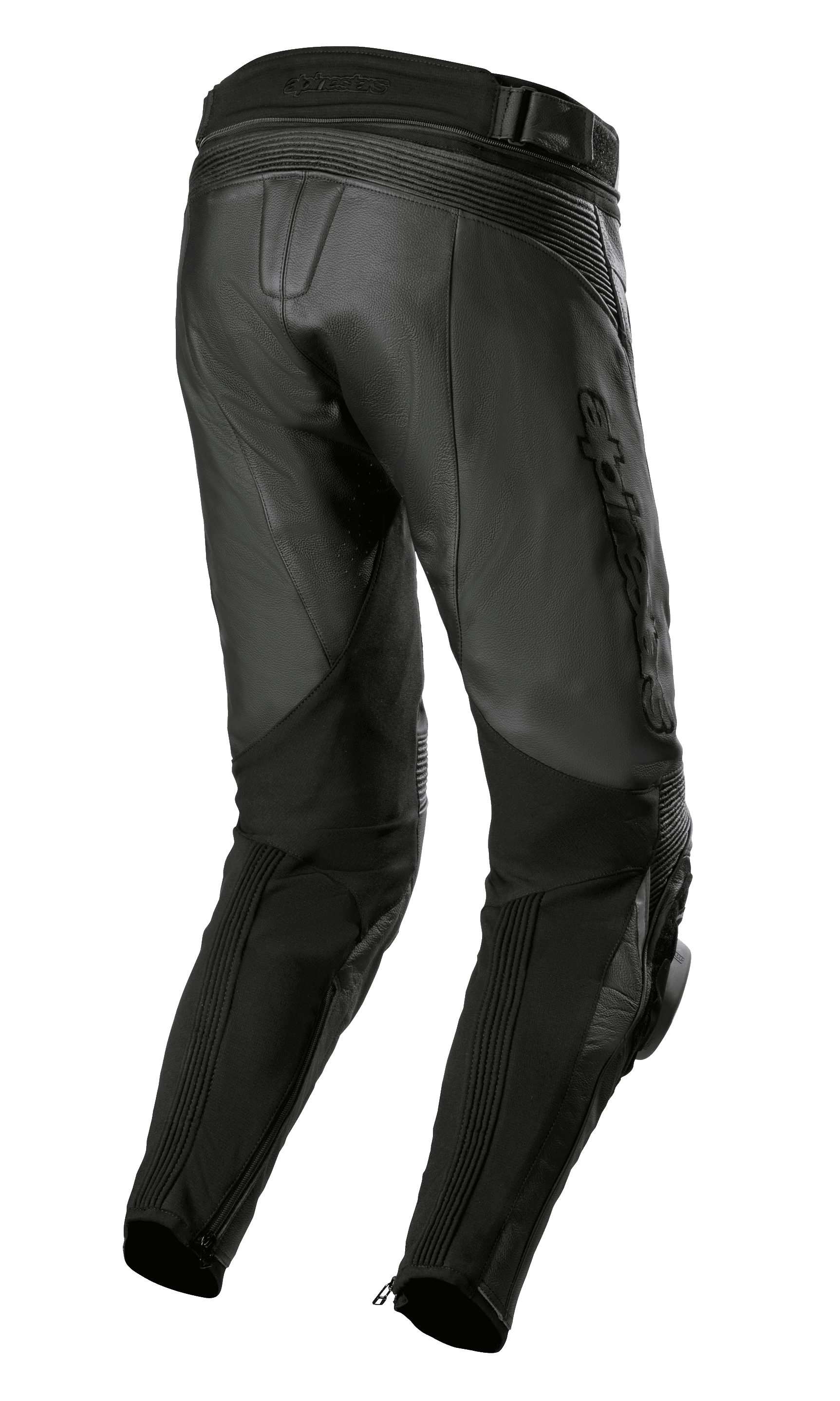 Alpinestars Missile V3 Airflow Leren Broek, zwart, achteraanzicht met premium lederen constructie, accordeon stretchzones boven de knie, hoge taille aan de achterzijde en flexibele stretchpanelen op de kuiten met enkelritsen.