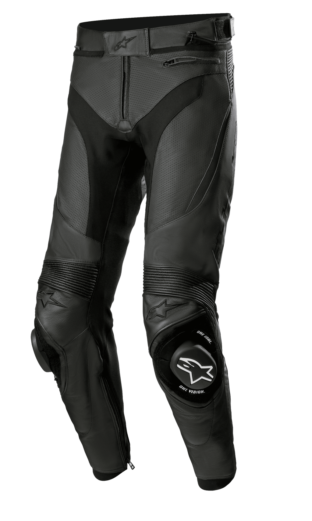 Alpinestars Missile V3 Airflow leren broek, zwarte motorracebroek, hoogwaardige geperforeerde leren constructie voor maximale ventilatie, versterkte kniesliders met ONE GOAL ONE VISION-branding, accordeon stretchpanelen voor flexibiliteit, zakken met ritssluiting en tailleverstelling, strak zwart design voor sport- en circuitprestaties