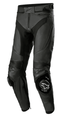 Alpinestars Missile V3 Airflow leren broek, zwarte motorracebroek, hoogwaardige geperforeerde leren constructie voor maximale ventilatie, versterkte kniesliders met ONE GOAL ONE VISION-branding, accordeon stretchpanelen voor flexibiliteit, zakken met ritssluiting en tailleverstelling, strak zwart design voor sport- en circuitprestaties