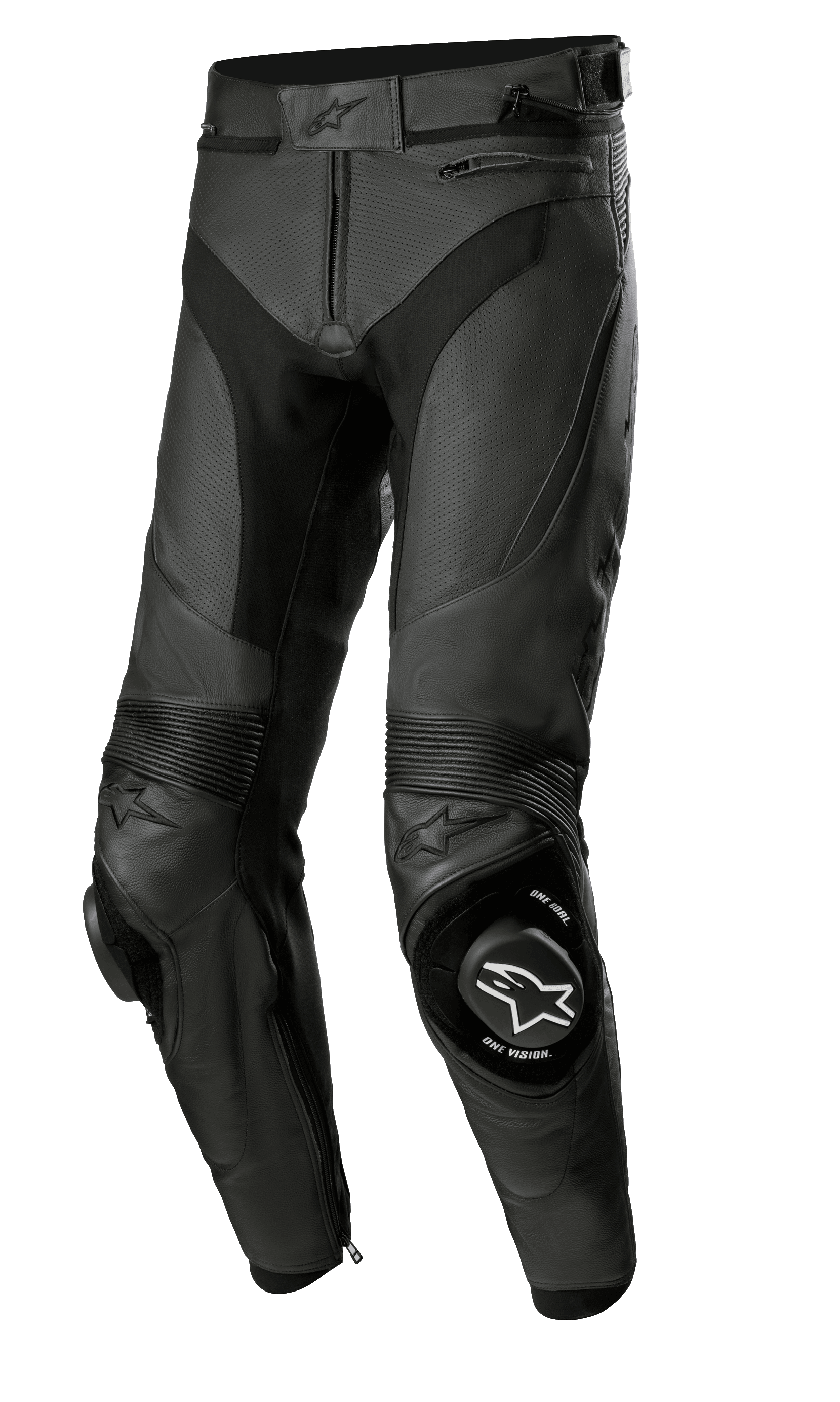 Alpinestars Missile V3 Airflow Leather Pants, pantalon de course de moto noir, construction en cuir perforé haut de gamme pour une ventilation maximale, sliders de genoux renforcés avec marquage ONE GOAL ONE VISION, panneaux extensibles en accordéon pour la flexibilité, poches zippées et réglage de la taille, design noir épuré pour la performance sportive et sur circuit