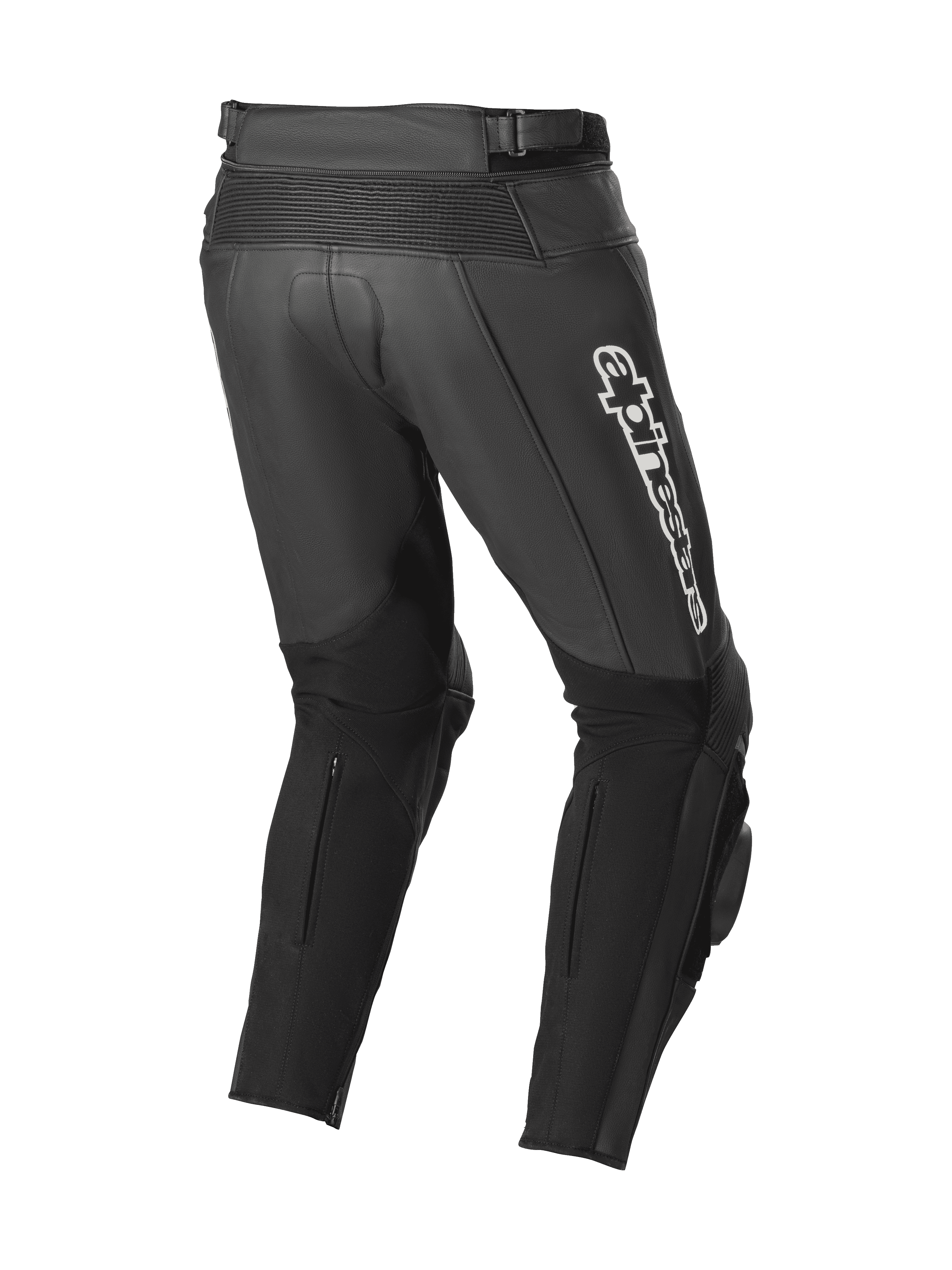 Alpinestars Track V2 leren broek, zwart, achteraanzicht met accordeon lederen stretchzones, witte Alpinestars-branding op het dijbeen, grote stretchpanelen op de kuiten en geïntegreerde kneesliders voor circuit- en straatgebruik