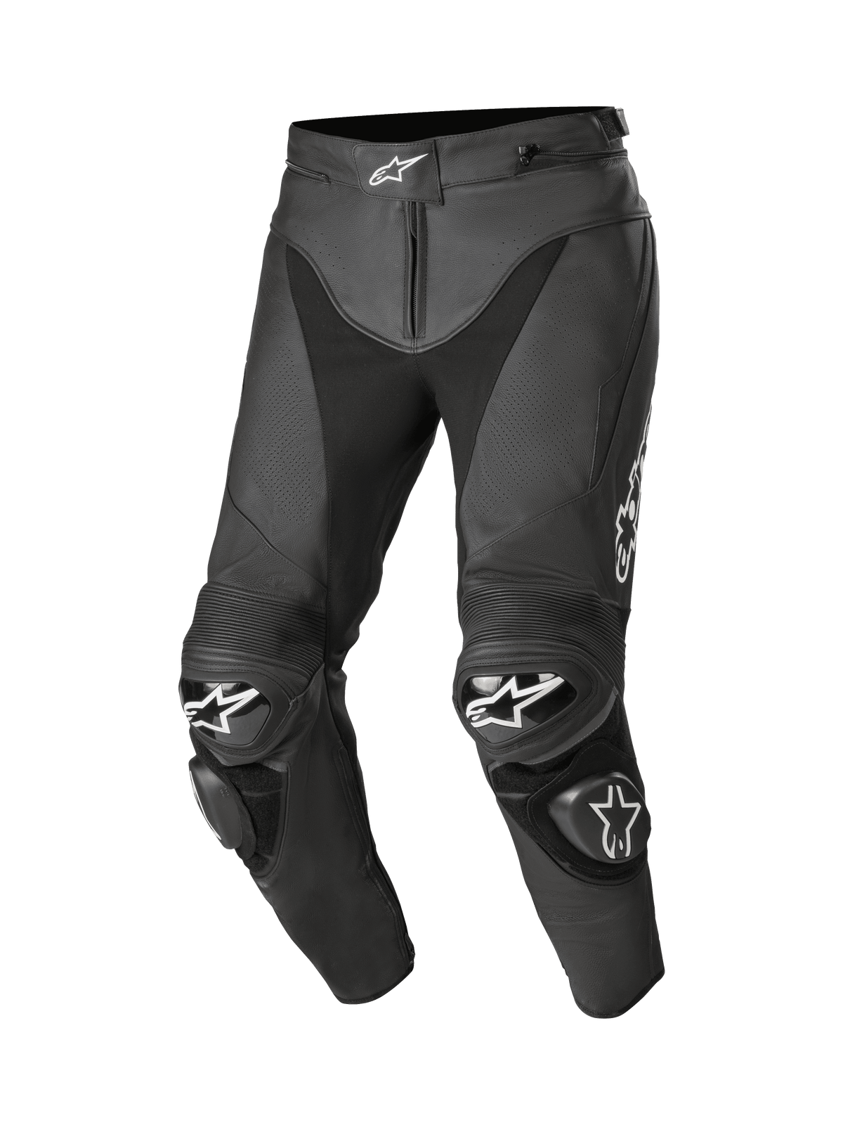 Alpinestars Track V2 Leather Pants, pantalon de course moto noir en cuir de bovin premium 1,3 mm, avec logos étoiles blancs à la taille et aux genoux, cuir perforé, panneaux accordéon flexibles et sliders de genou en TPU remplaçables, jambes pré-courbées pour la performance.