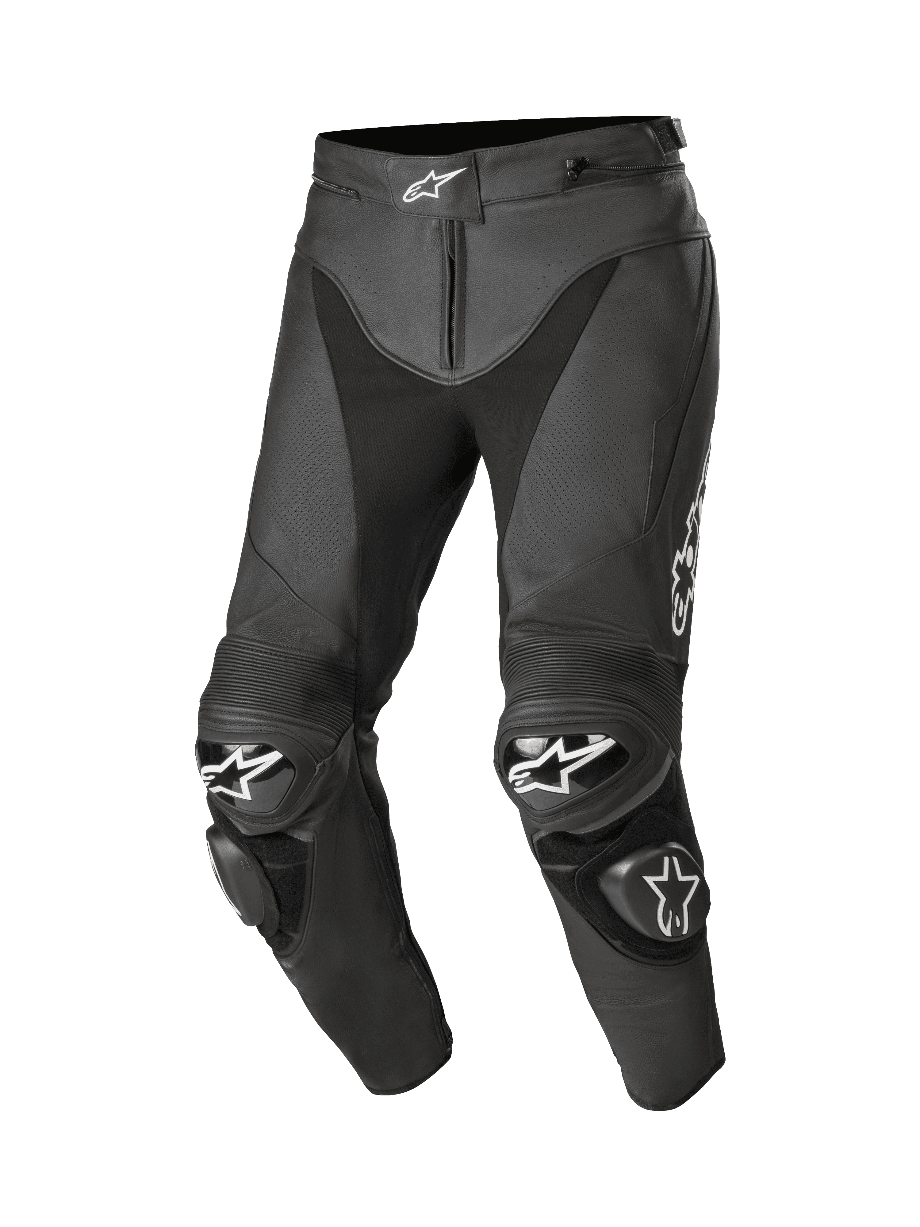 Alpinestars Track V2 leren motorbroek, zwarte motorracebroek, witte sterlogo's op de taille en knieën, geperforeerde leren constructie, accordeon flexpanelen boven de knieën en vervangbare TPU-knieschuivers, premium 1,3 mm runderleer met voorgevormde pijpen voor raceprestaties