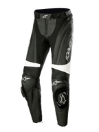 Alpinestars Stella Missile V3 Leather Pants, Women's Motorcycle Racing Pants, Black and White, featuring accordion stretch panels above the knees, integrated knee sliders with Alpinestars logo, white accent bands, and a streamlined fit for sport and track riding.