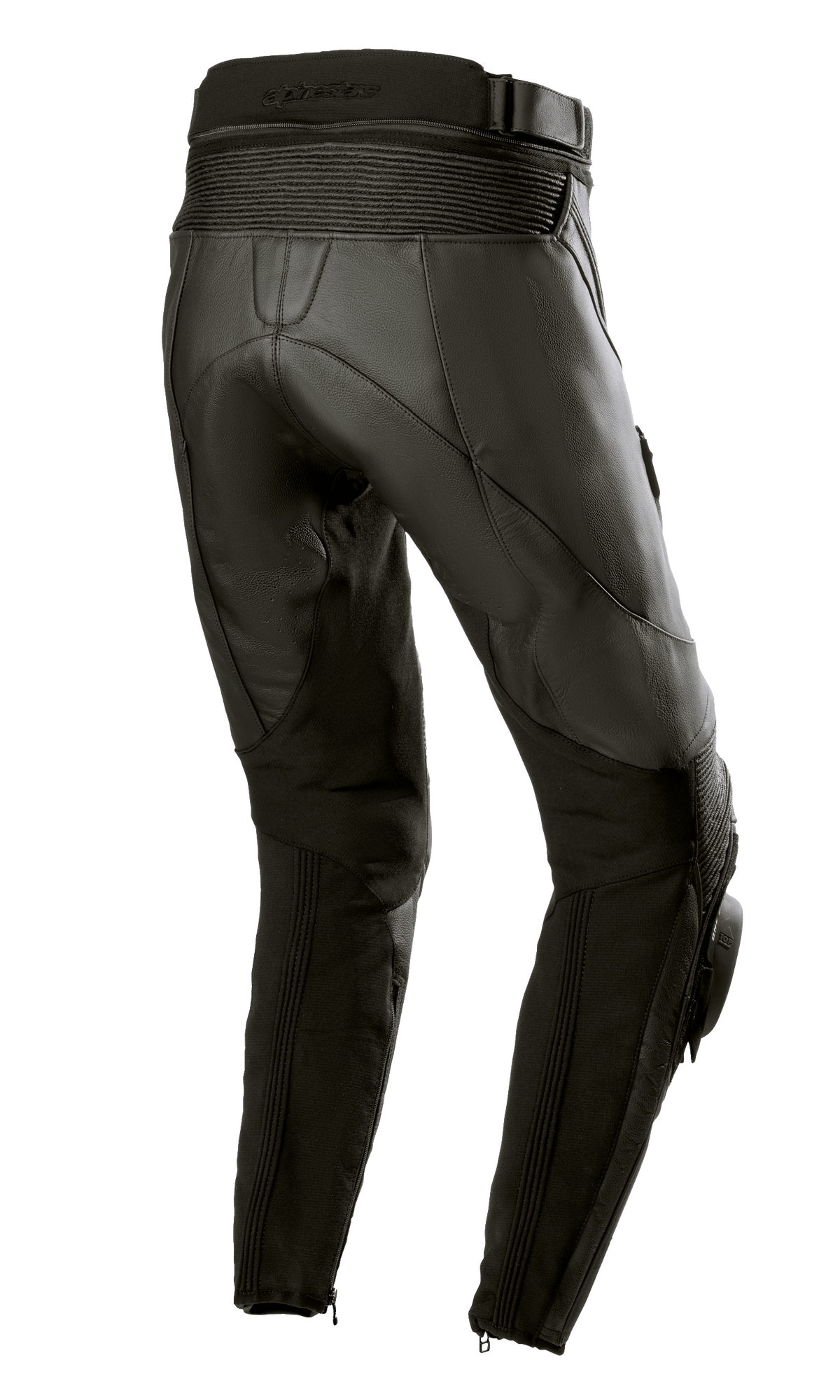 Alpinestars Women Stella Missile V3 Leather Pants, Black Black, Rear view showing high rear waist and accordion leather stretch zones above the knee, premium bovine leather construction with stretch panels on calves and ankle zippers, designed for racing and sport riding.