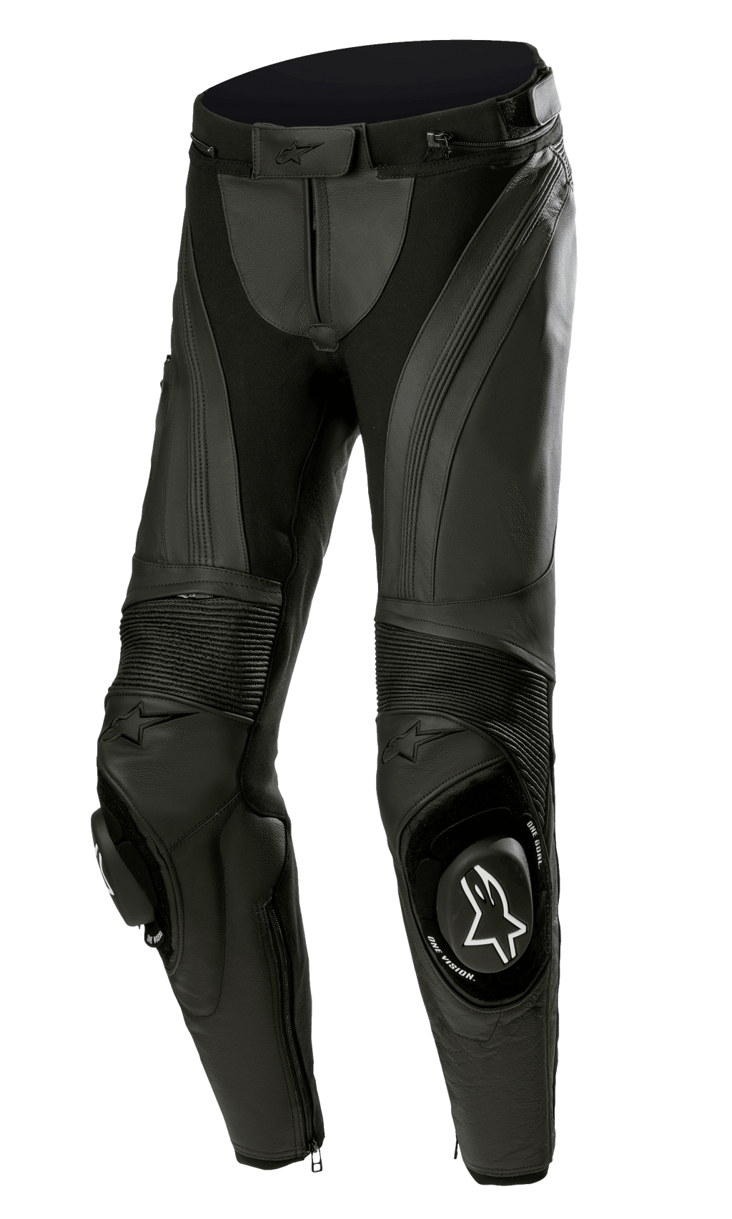 Alpinestars Stella Missile V3 Leather Pants, Women's Motorcycle Racing Pants, Black, featuring premium leather with accordion stretch panels, replaceable knee sliders with white Alpinestars logo, and ergonomic pre-curved design