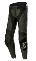 Alpinestars Stella Missile V3 Leather Pants, Women's Motorcycle Racing Pants, Black, featuring premium leather with accordion stretch panels, replaceable knee sliders with white Alpinestars logo, and ergonomic pre-curved design