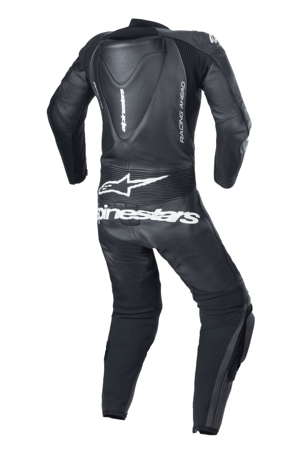 Alpinestars Youth GP Plus V2 1-delig leren pak, zwart, achteraanzicht met aerodynamische hump, wit Alpinestars logo en tekst op de onderrug, 'RACING AHEAD' branding aan de zijkant, harmonica stretchpanelen voor bewegingsvrijheid