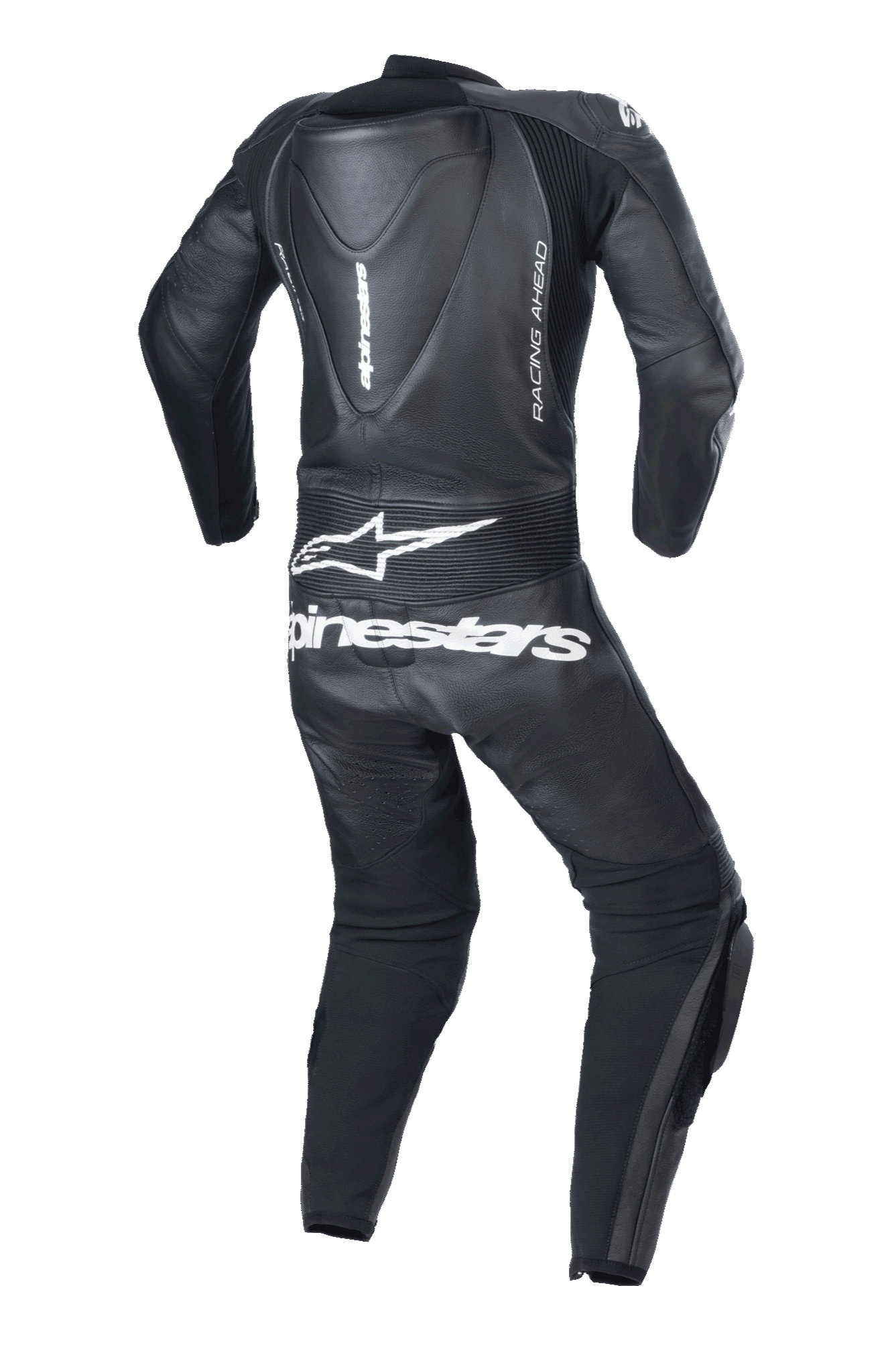 Alpinestars Youth GP Plus V2 1-delig leren pak, zwart, achteraanzicht met aerodynamische hump, wit Alpinestars logo en tekst op de onderrug, 'RACING AHEAD' branding aan de zijkant, harmonica stretchpanelen voor bewegingsvrijheid