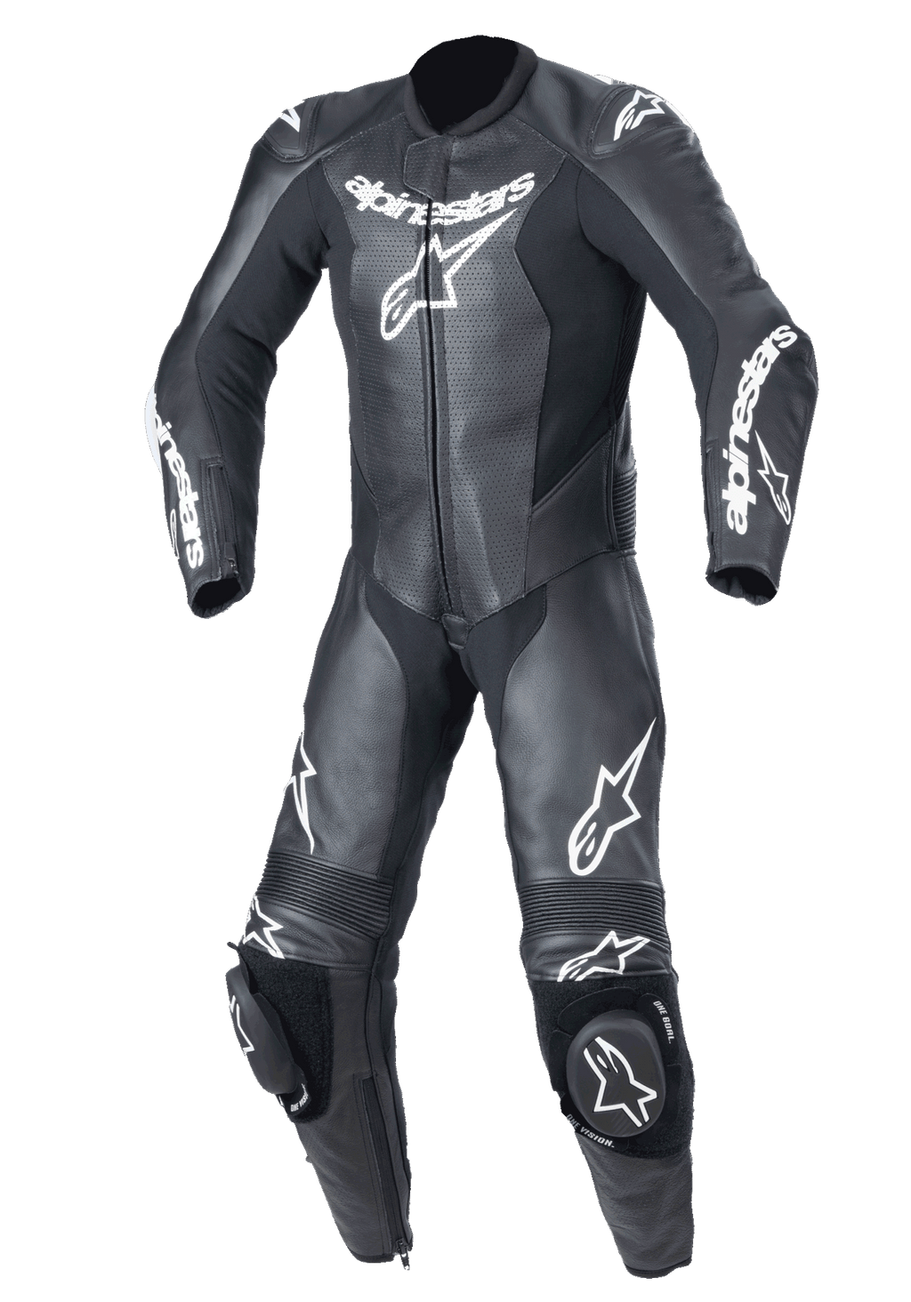 Alpinestars Youth GP Plus V2 eendelig leren pak, motorracepak voor de jeugd, zwart met witte Alpinestars-branding, geperforeerde lederen borstpanelen, geïntegreerde kniesliders, accordeon stretchpanelen op knieën en schouders, professioneel circuit-klaar ontwerp voor jonge rijders