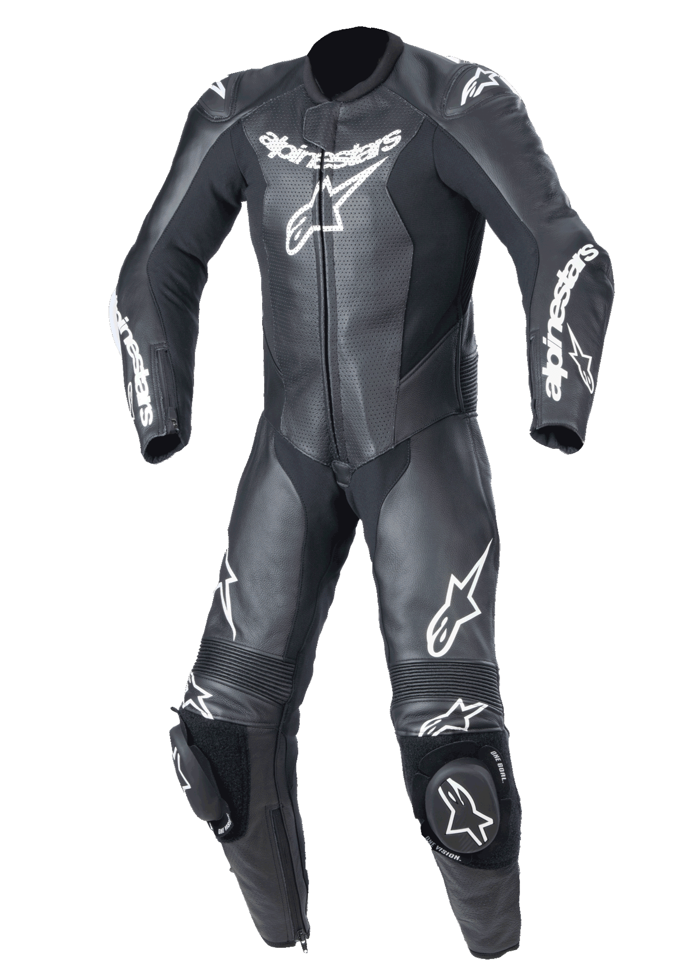 Alpinestars Youth GP Plus V2 eendelig leren pak, motorracepak voor de jeugd, zwart met witte Alpinestars-branding, geperforeerde lederen borstpanelen, geïntegreerde kniesliders, accordeon stretchpanelen op knieën en schouders, professioneel circuit-klaar ontwerp voor jonge rijders