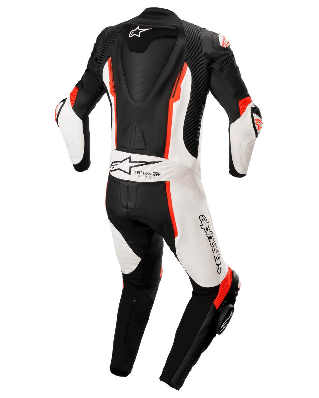 Alpinestars Missile V2 eendelig lederen pak, zwart, wit en fluorood, achteraanzicht met aerodynamische rugbult, Tech-Air Ready-branding en Alpinestars-logo, hoogwaardig lederen motorracepak