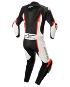 Alpinestars Missile V2 eendelig lederen pak, zwart, wit en fluorood, achteraanzicht met aerodynamische rugbult, Tech-Air Ready-branding en Alpinestars-logo, hoogwaardig lederen motorracepak