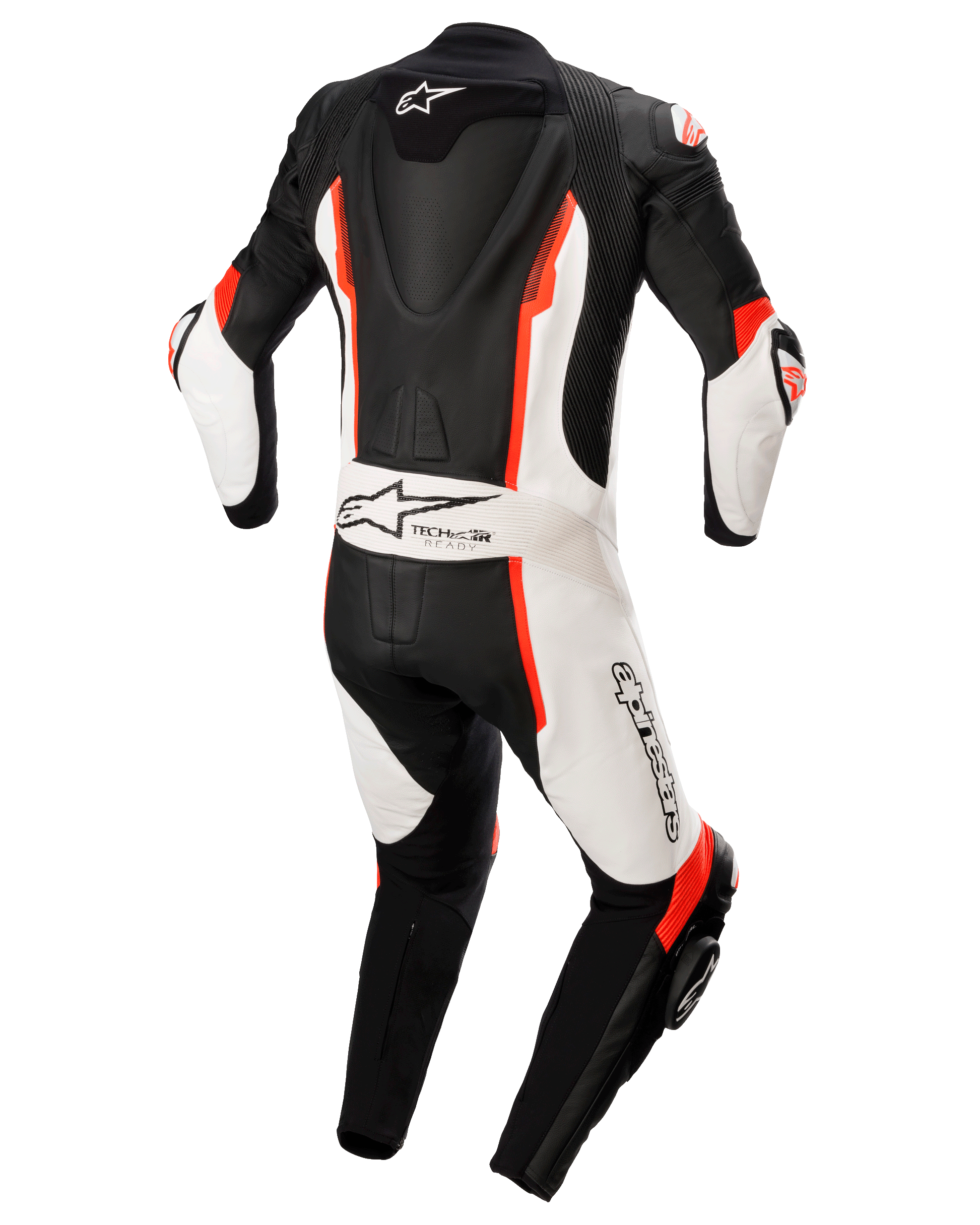 Alpinestars Missile V2 eendelig lederen pak, zwart, wit en fluorood, achteraanzicht met aerodynamische rugbult, Tech-Air Ready-branding en Alpinestars-logo, hoogwaardig lederen motorracepak