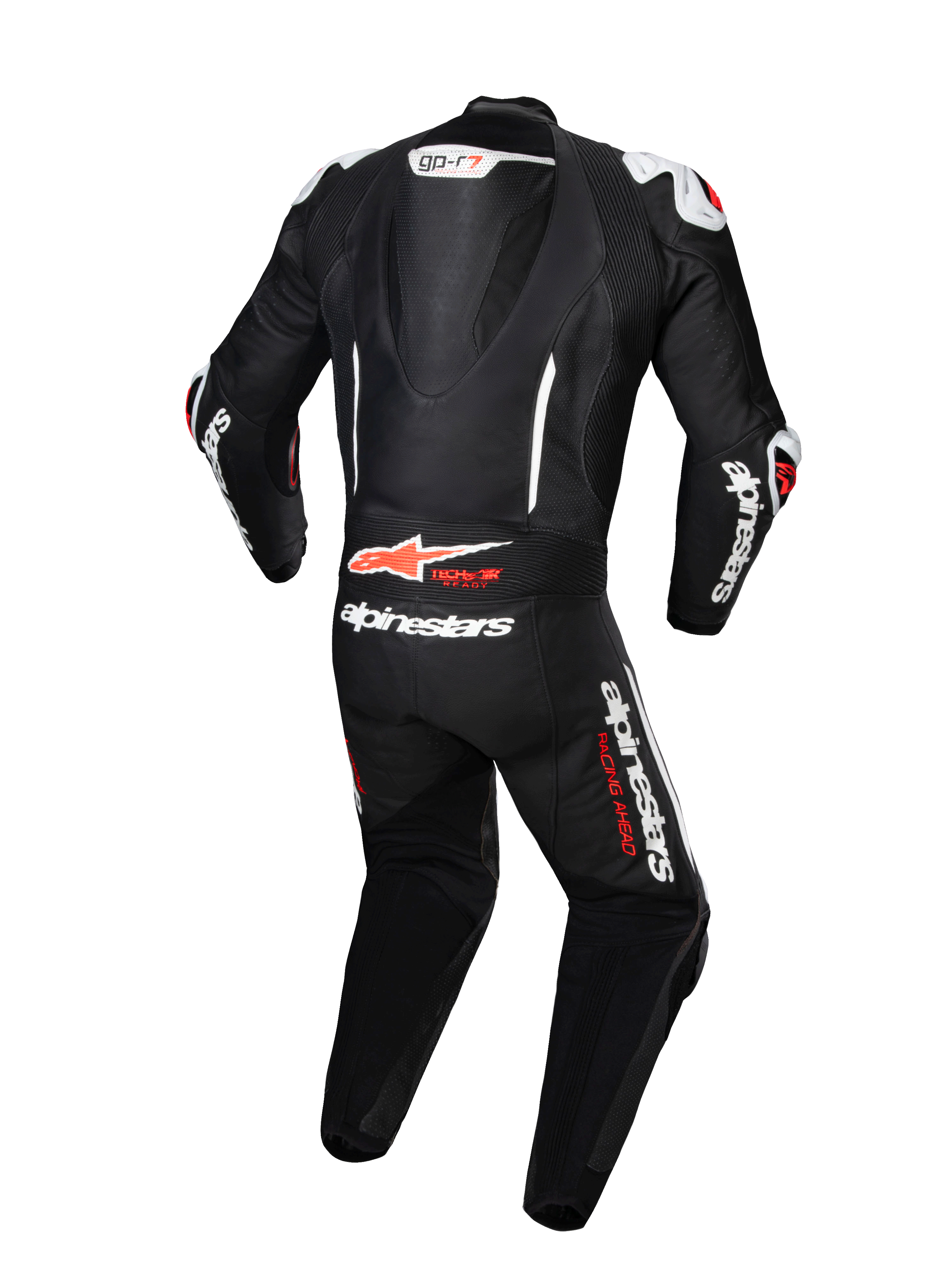 Alpinestars combinaison en cuir GP-R7 1 pièce, tenue de moto racing noire et blanche, avec bosse aérodynamique, compatible Tech-Air, vue de dos