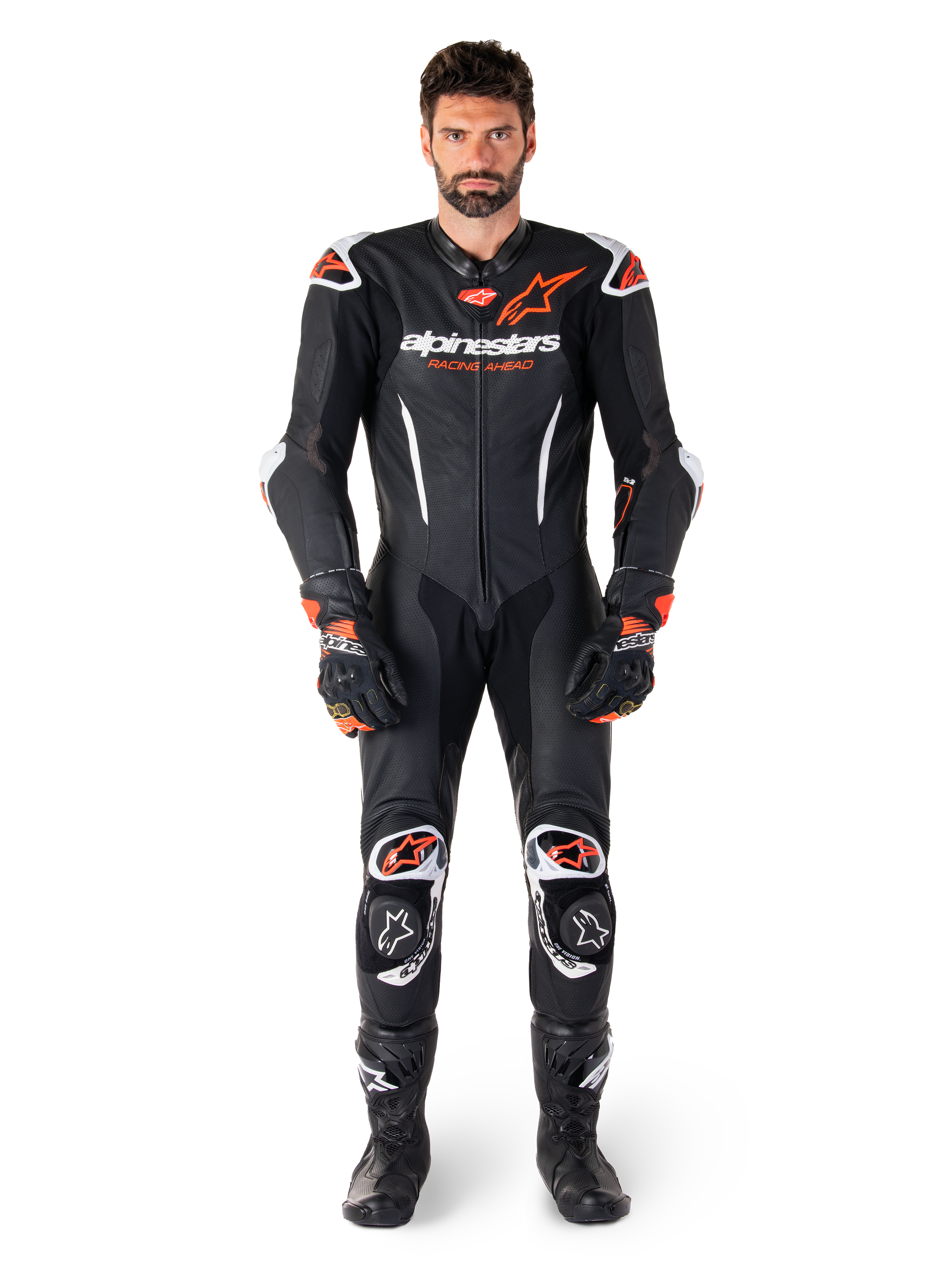 Alpinestars GP-R7, combinaison en cuir une pièce pour homme, noire et rouge fluo, équipement de course moto professionnel.