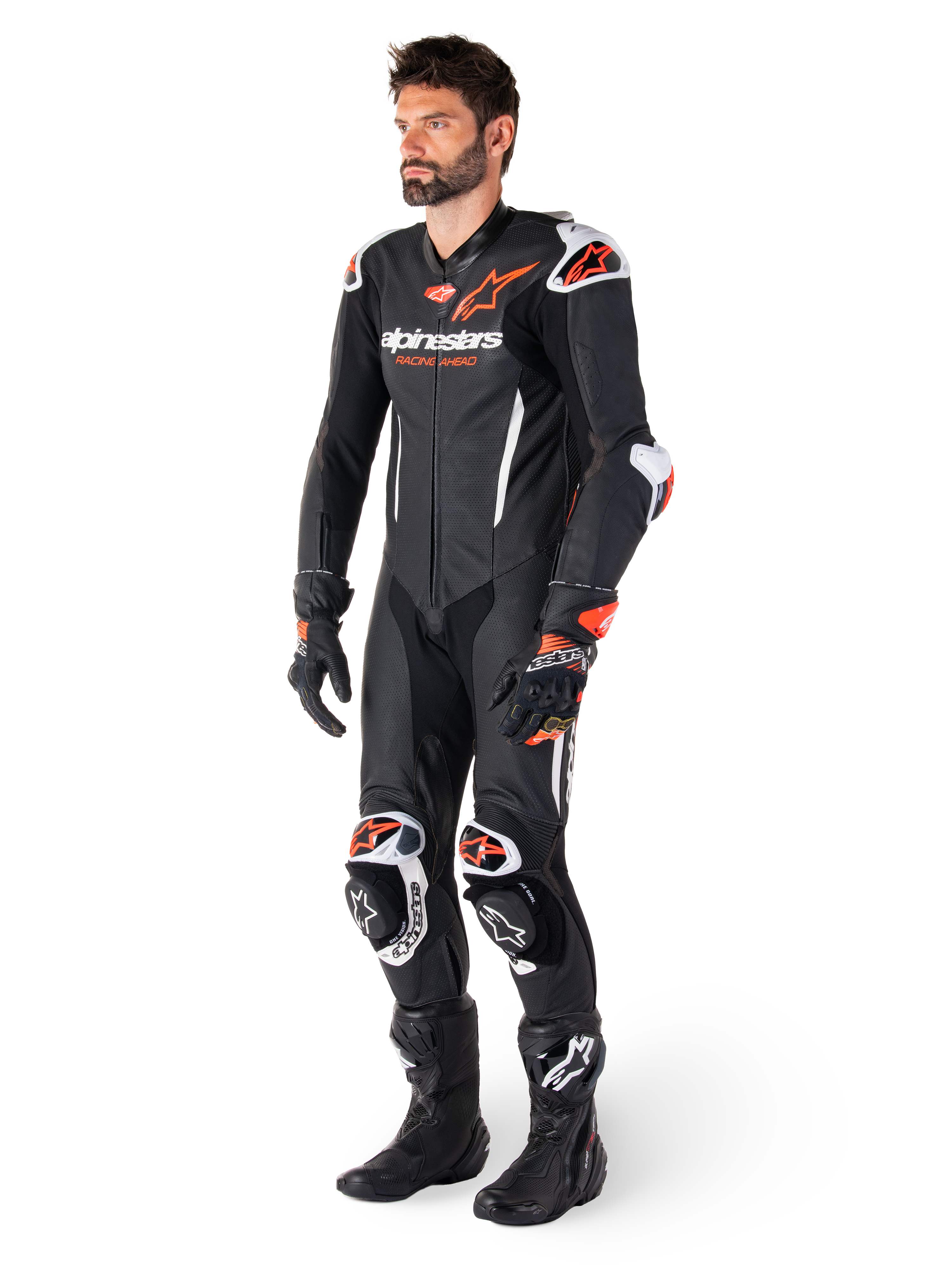 Combinaison en cuir Alpinestars GP-R7 1 pièce noire et rouge fluo, équipement de course moto, homme, construction perforée.