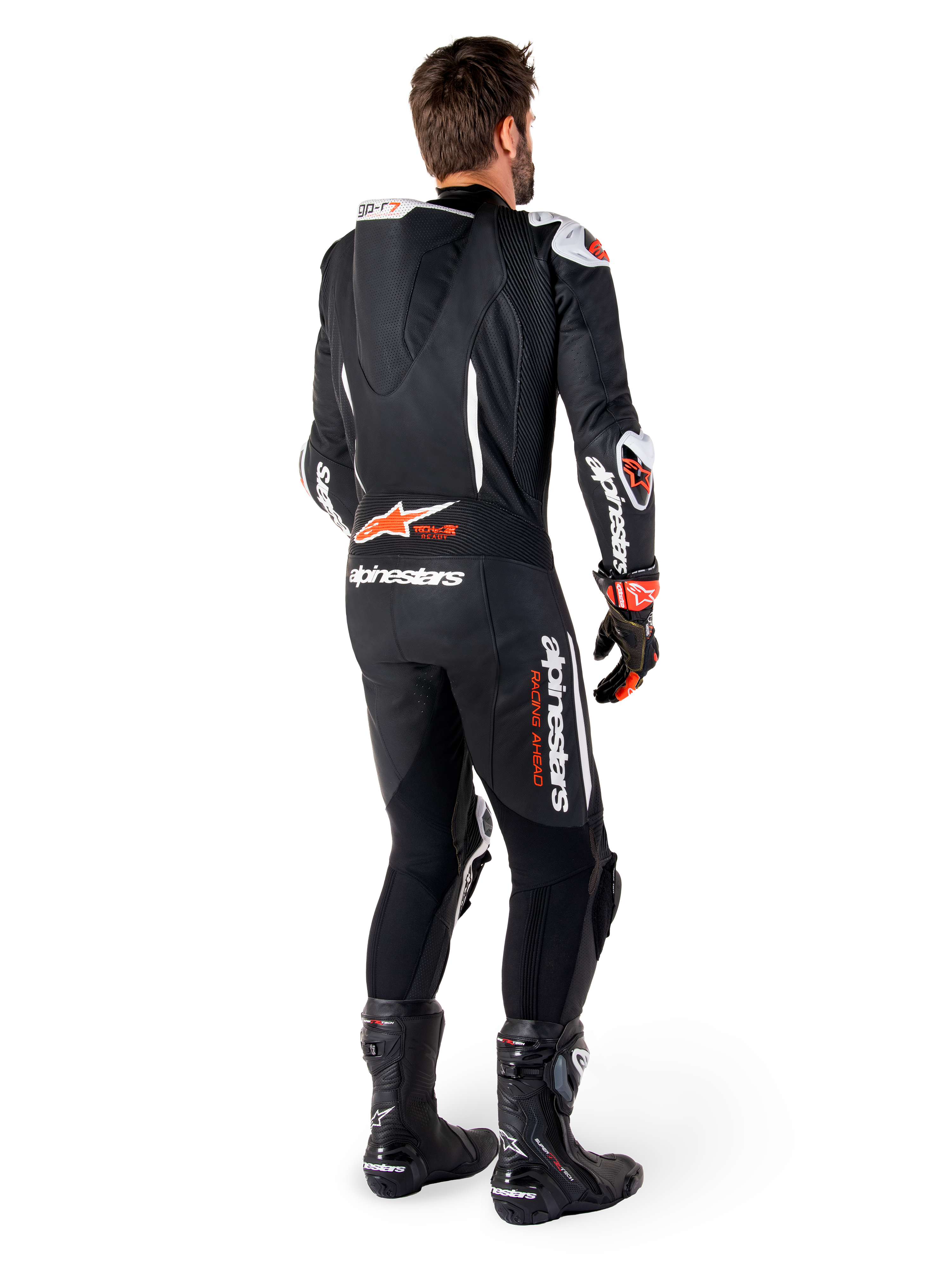 Alpinestars GP-R7, combinaison en cuir 1 pièce homme, noire et rouge fluo, avec bosse aérodynamique et Tech-Air Ready.